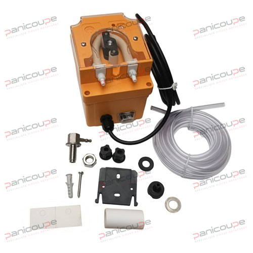 Kit lave-vaisselle contenant : filtre de fond, étrier de fixation murale<BR/>Raccord entrée en cuve Ø 4 x 6 mm<BR/>Tube en PVC Ø 4 x 6 mm longueur 4 m<BR/>Débit variable de 0,72 à 7,2 L/h<BR/>Dim. 106 x 90 x 94 mm<BR/>230V - 50/60Hz - IP65 DOSEUR DETERGENT LP120 230V photo du produit
