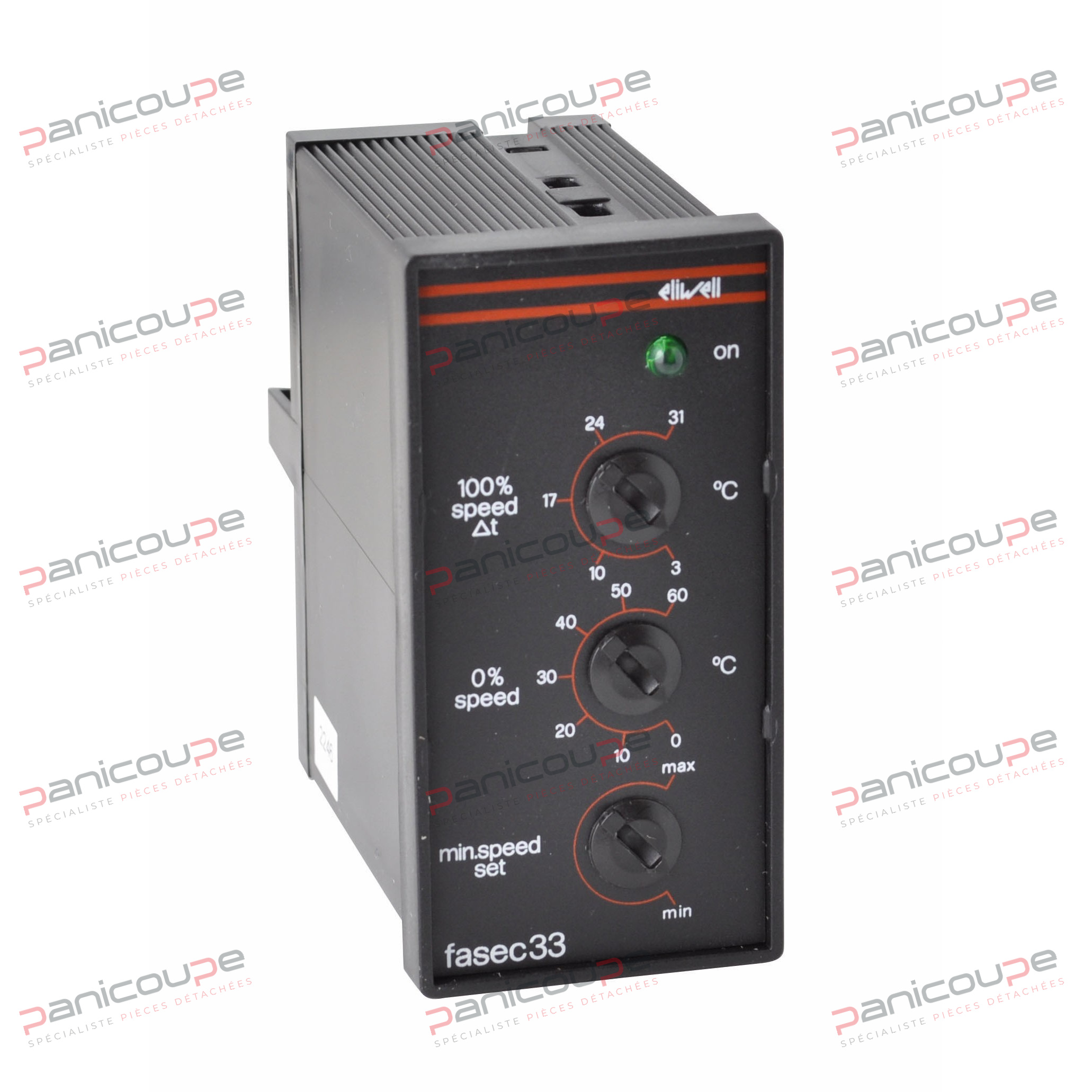 Régulateur de vitesse pour ventilateur monophasé de condensation. Plus la température augmente, plus la vitesse augmente. Entrée PTC et sortie triac 500 W maxi. Point de consigne réglable de 0 à 60 °C. Face avant 48 x 96 mm. Profondeur 96 mm. Alimentation 230 Vac. Livré avec socle octal de connexion et sonde PTC de contact. VARIATEUR DE VITESSE FASEC 33 photo du produit