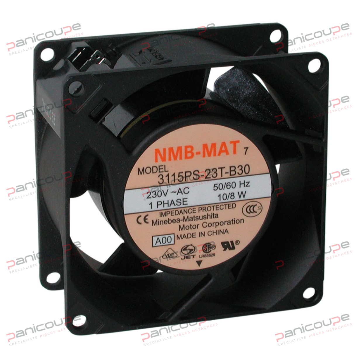Dimensions (mm) : 80 x 80 x 38 – Tension : 230 Vac – Puissance : 10 W – Vitesse : 2700 T/mn -Débit : 45 m3 /h – Niveau sonore : 33 dBA – Raccordement : cosses 2,8 x 0,5<BR/><BR/>en cas de rupture de stock, produit de remplacement AD8382HB VENTILATEUR AXIAL NMB 80X80X38 MM photo du produit