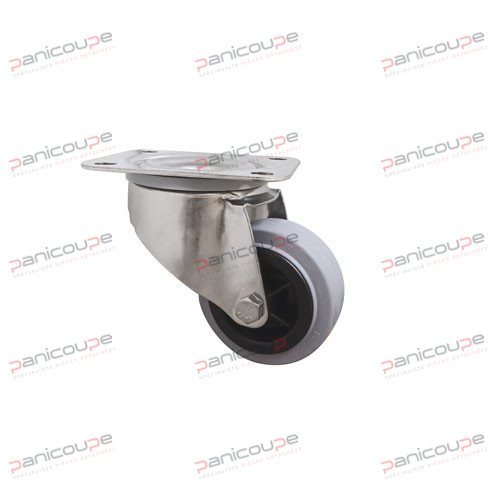 Pivot sur double chemin de billes avec joint de protection, axe de roue boulonné avec fixation à platine inox. Roue en polypropylène noir avec bandage caoutchouc semi-élastique gris non tachant. Moyeu lisse.<BR/><BR/><BR/><BR/>Résistance température -20/+60°C<BR/><BR/>Modèle sans frein<BR/><BR/>Diamètre 80 mm ROULETTES PIVOTANTES AVEC PLATINES INOX SANS FREIN photo du produit