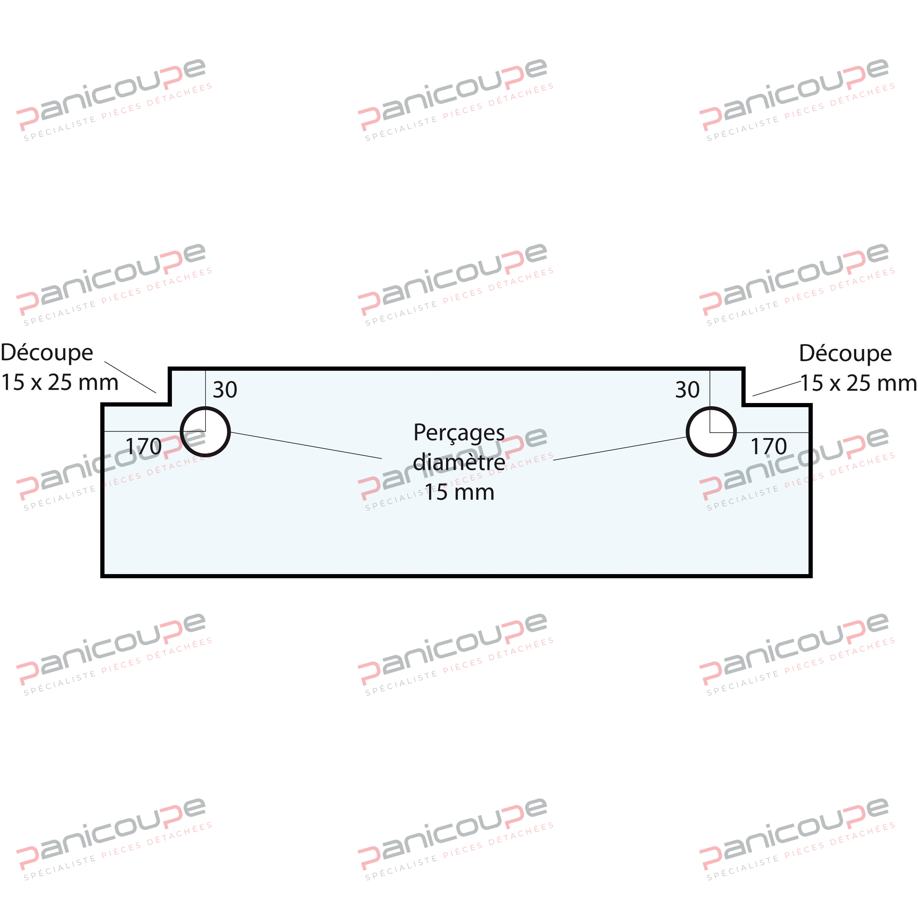 Dimensions : 684 x 268 mm - Epaisseur : 6 mm 2 DÉCOUPES LATÉRALES 15 x 25 mm VITRE 684 X 268 X 6 MM - VF18 photo du produit