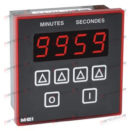 Temporisation sur impulsion : Commandes par touches en façade. Gamme de temporisation de 0 à 99 min 59 sec par pas de 1 sec. Affichage sur 4 chiffres.Temporisation demeurant en mémoire (idéal pour les travaux répétitifs). Sortie 2 relais inverseur 5 A/250 V. Sauvegarde de 10 h en cas de coupure de courant. Boîtier : face avant étanche 72 x 72 mm - Profondeur 43 mm. Montage à encastrer dans découpe 67 x 67 mm. Fixation par étrier de serrage. Raccordement par connecteur enfichable. Alimentation 230 V - 50/60 Hz. MINUTERIE ÉLECTRONIQUE 0 À 99 MINUTES - 230 V photo du produit