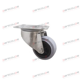 Pivot sur double chemin de billes avec joint de protection, axe de roue boulonné avec fixation à platine inox. Roue en polypropylène noir avec bandage caoutchouc semi-élastique gris non tachant. Moyeu lisse.<BR/><BR/><BR/><BR/>Résistance température -20/+60°C<BR/><BR/>Modèle sans frein<BR/><BR/>Diamètre 80 mm ROULETTES PIVOTANTES AVEC PLATINES INOX SANS FREIN photo du produit