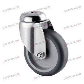 Chape en acier inox. Pivot sur double rangée de billes, axe de roue boulonné avec trou central.<BR/>Roue en polypropylène avec bandage caoutchouc thermoplastique non tachant<BR/>Résistance température -20/+60°C<BR/>Modèle sans frein<BR/>ø 100 mm ROULETTES PIVOTANTES CHAPE À OEIL INOX SANS FREIN photo du produit