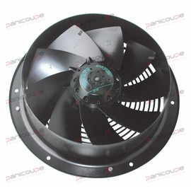 Ø ext. virole 397 mm. Ø int. virole 326 mm. Entraxe perçage des trous (Ø 9 mm) : 380 mm. Câble silicone longueur 3 m. Plage de température de -40 à + 75 °C Tension 230 V - 50 Hz . Puissance 140 W. Vitesse 2650 T/min. Débit 2440 m3 /h Niveau sonore 75 db(A). Action soufflante (de la grille vers le moteur)<BR/>Prévoir le condensateur CONDW2E300 VENTILATEUR W2E300-CA01-17 photo du produit